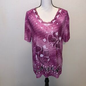 DC Classic Las Vegas Short Sleeve Scalloped V-Neck Pink Glitter Blouse